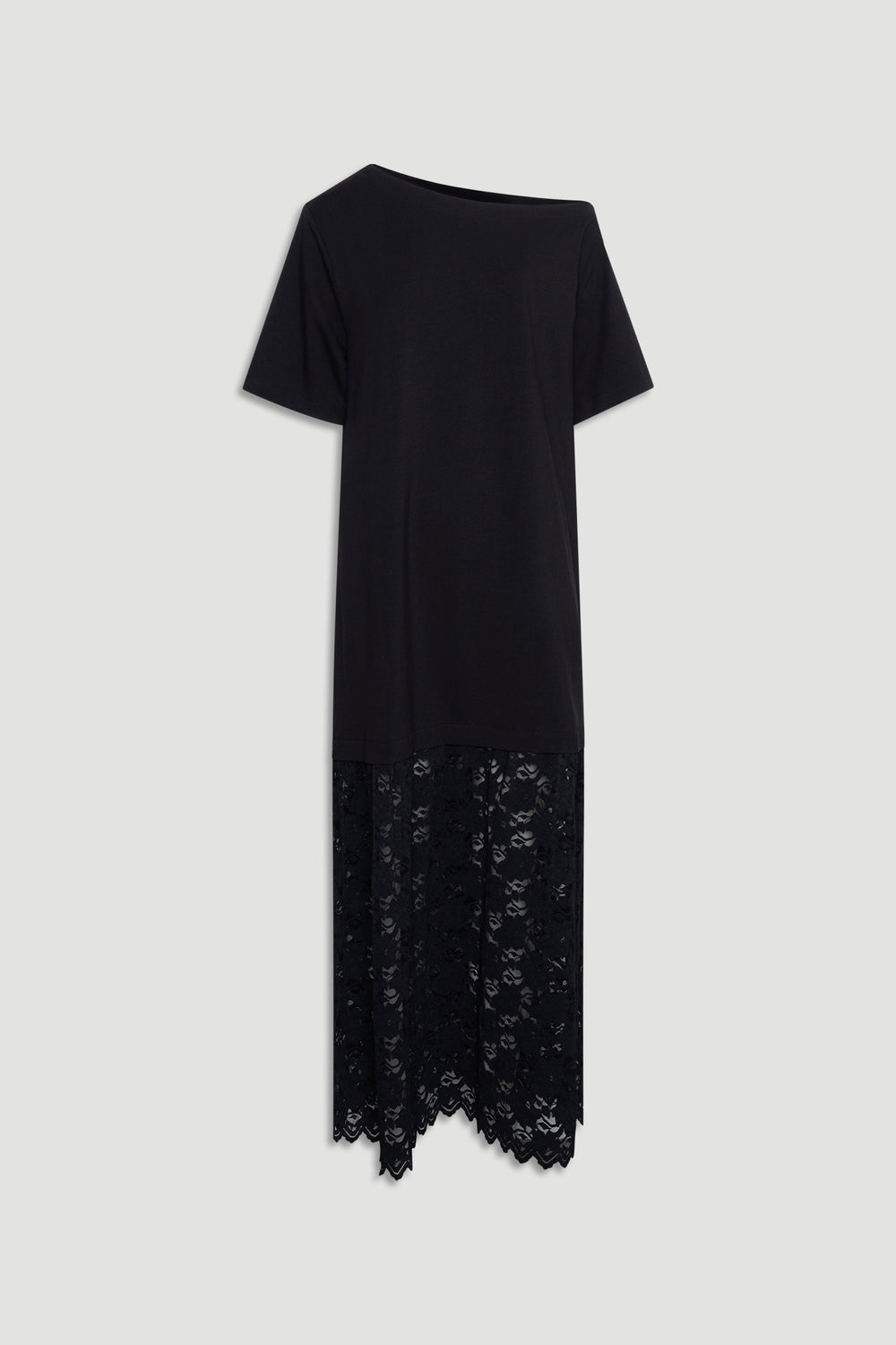 Black maxi dress featuring short sleeves and a lace hem detail for an elegant, understated look