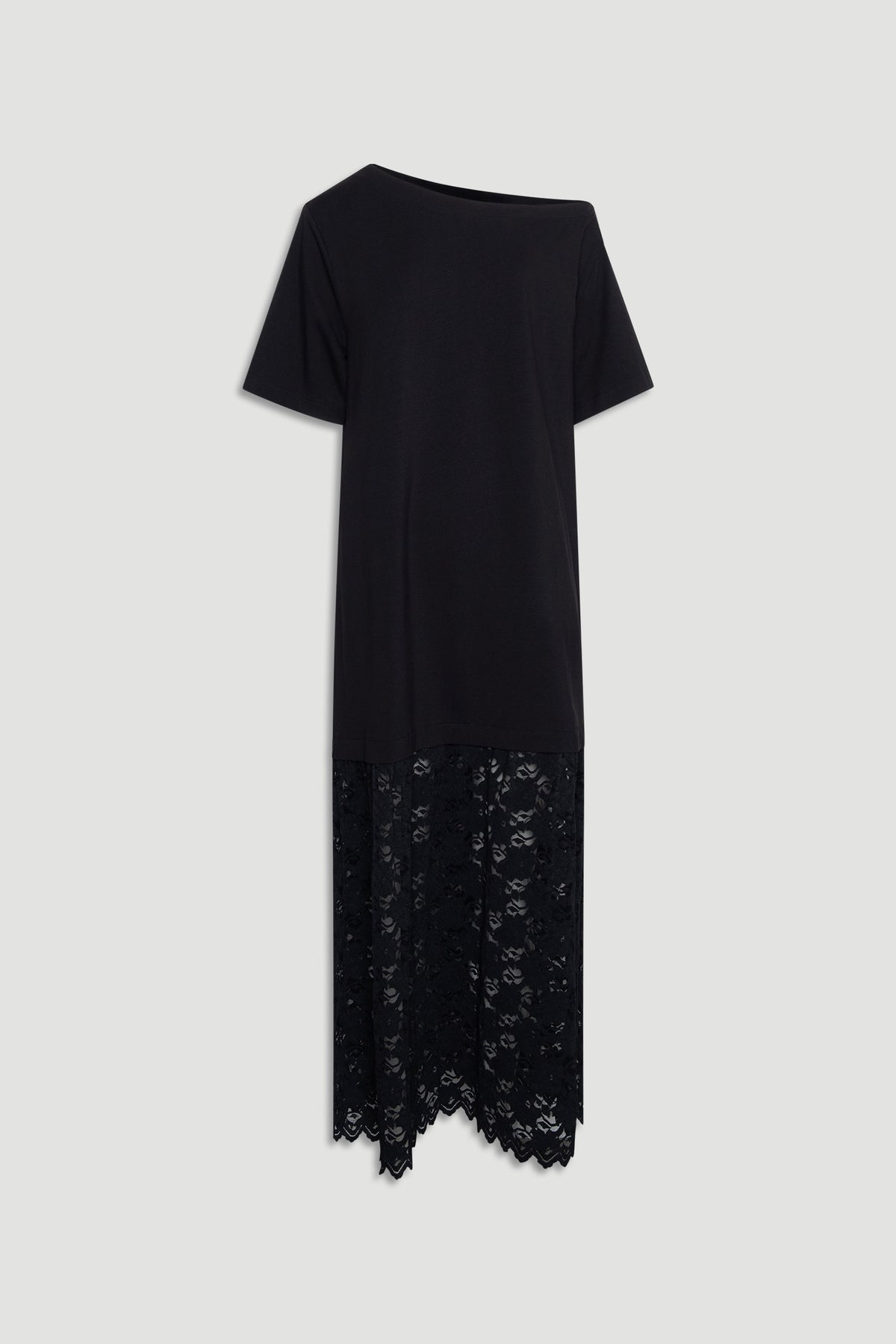 Black maxi dress featuring short sleeves and a lace hem detail for an elegant, understated look