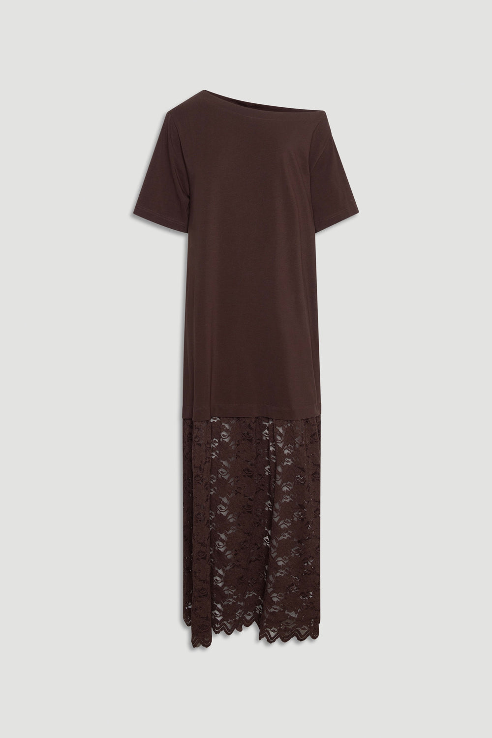 Alexis Lace Maxi Dress in rich chocolate brown featuring a relaxed top and delicate lace skirt by DECJUBA