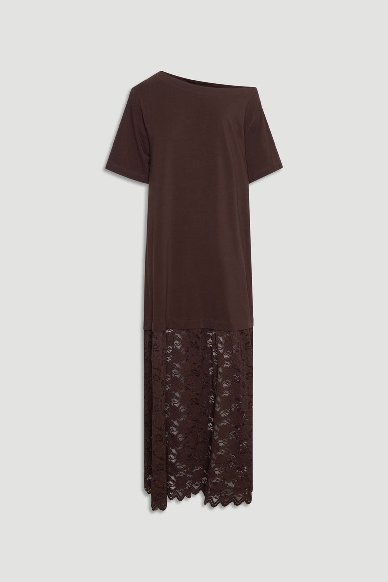 Alexis Lace Maxi Dress in rich chocolate brown featuring a relaxed top and delicate lace skirt by DECJUBA