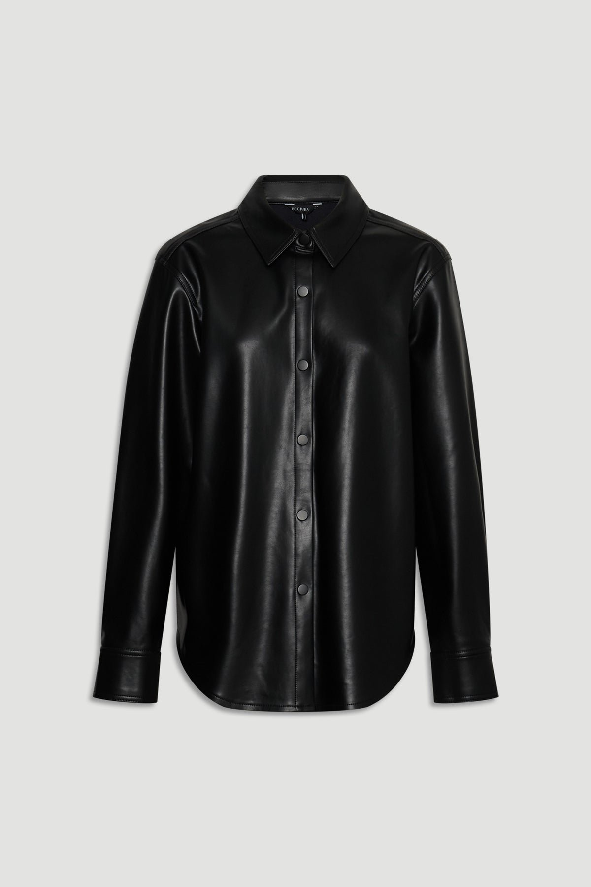 Jemma Faux Leather Shirt in black with long sleeves, button front, and classic collar by DECJUBA