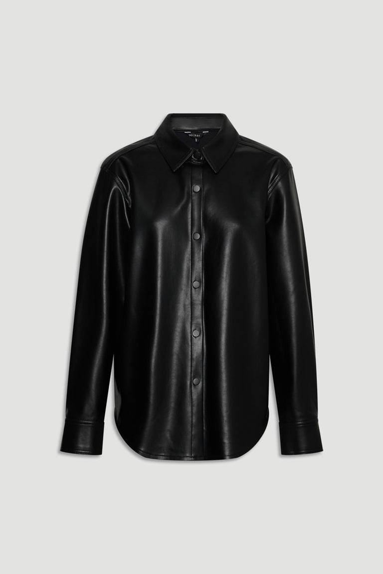 Jemma Faux Leather Shirt in black with long sleeves, button front, and classic collar by DECJUBA
