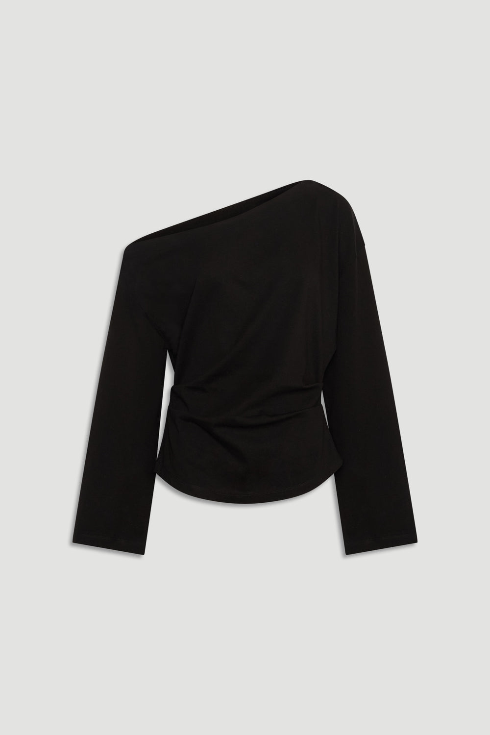 Black long-sleeve tee with asymmetrical off-shoulder neckline and relaxed fit for everyday wear