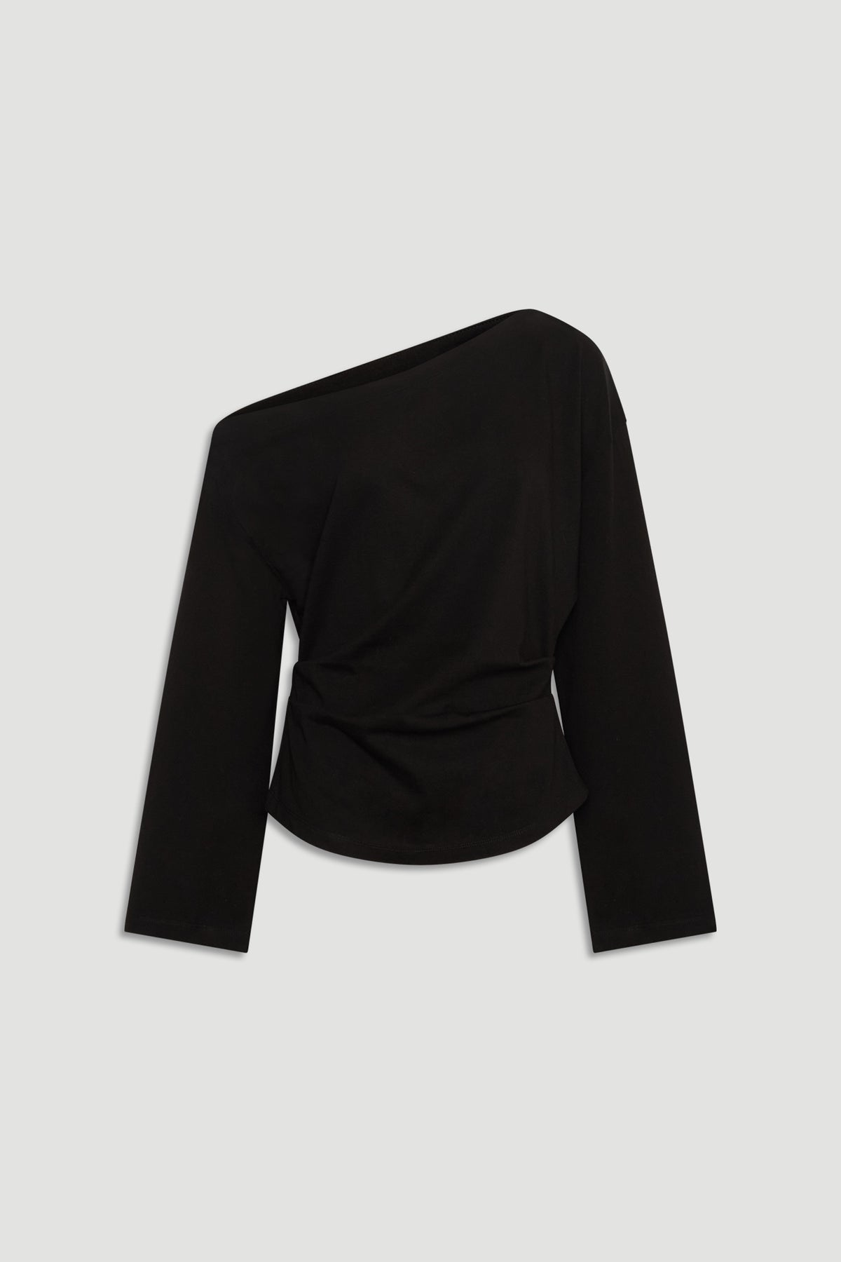 Black long-sleeve tee with asymmetrical off-shoulder neckline and relaxed fit for everyday wear