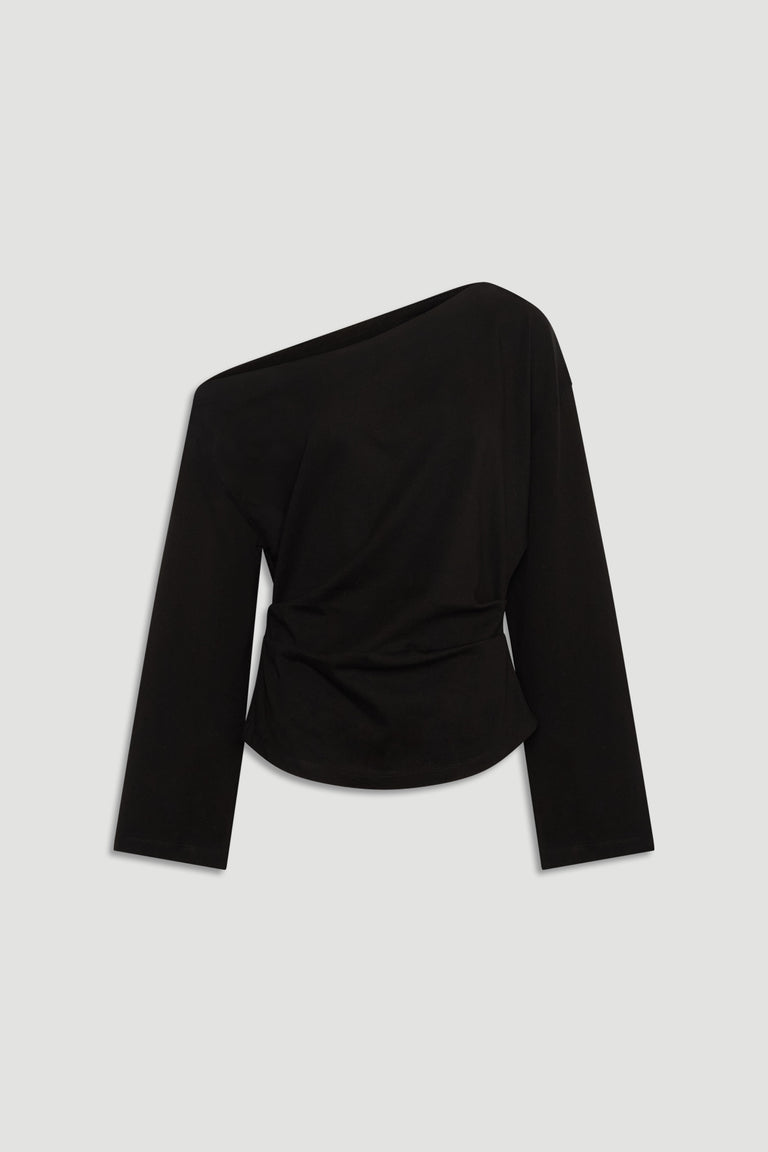 Black long-sleeve tee with asymmetrical off-shoulder neckline and relaxed fit for everyday wear