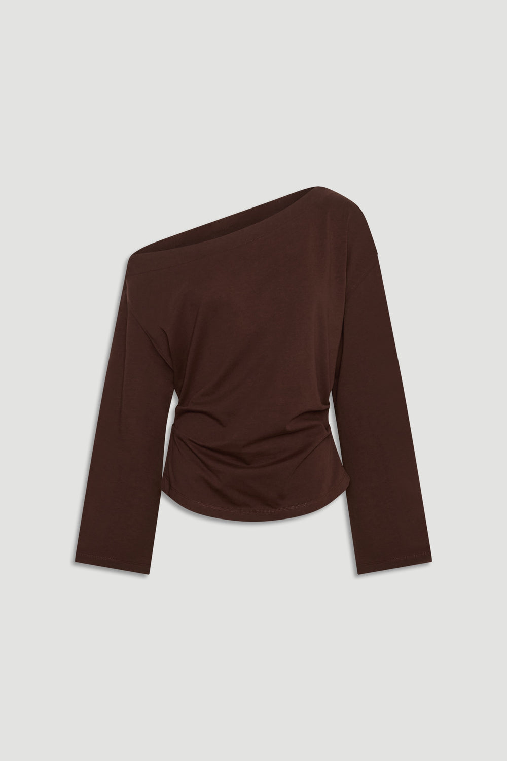 Dark brown asymmetrical long sleeve top with relaxed fit and subtle draping for an effortlessly chic look.