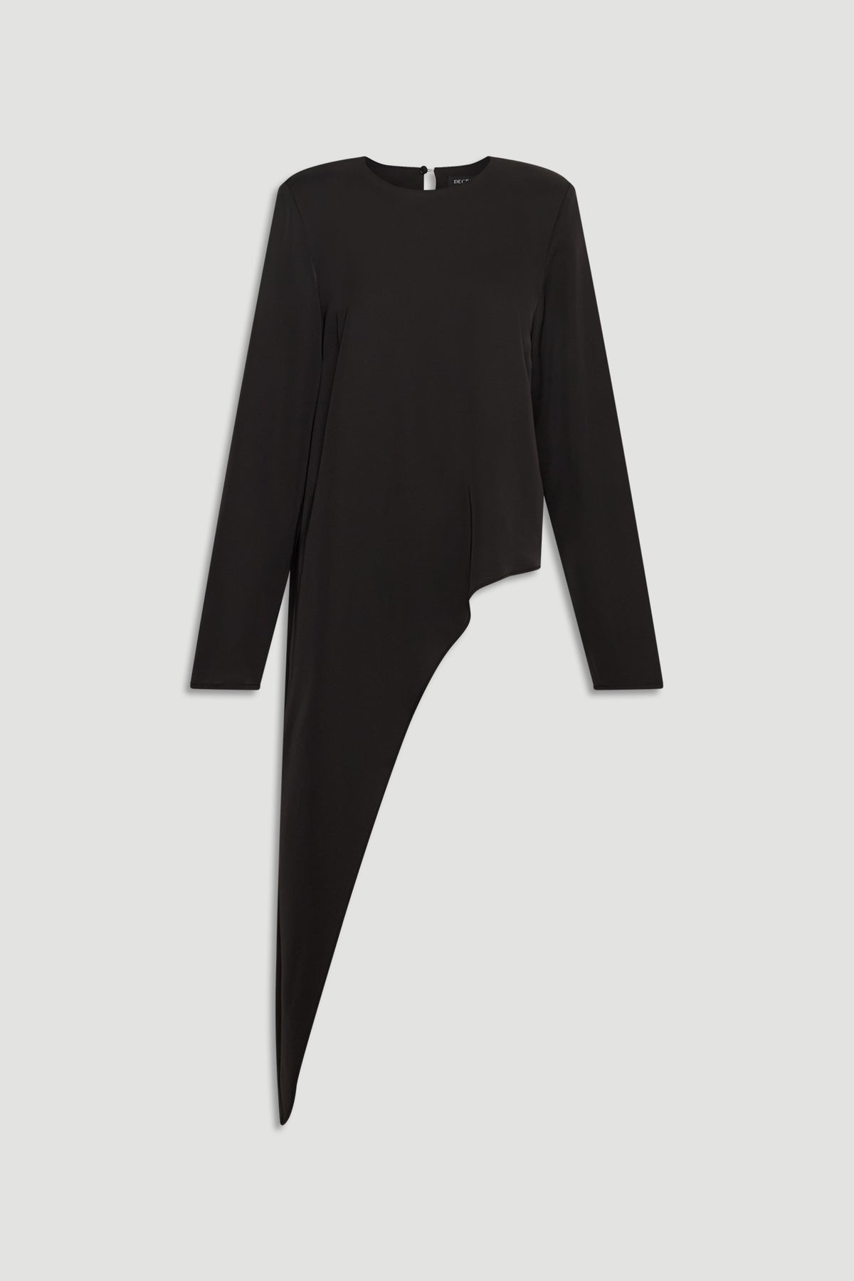 Black long sleeve top with an asymmetrical draped hem for a modern, elegant silhouette.