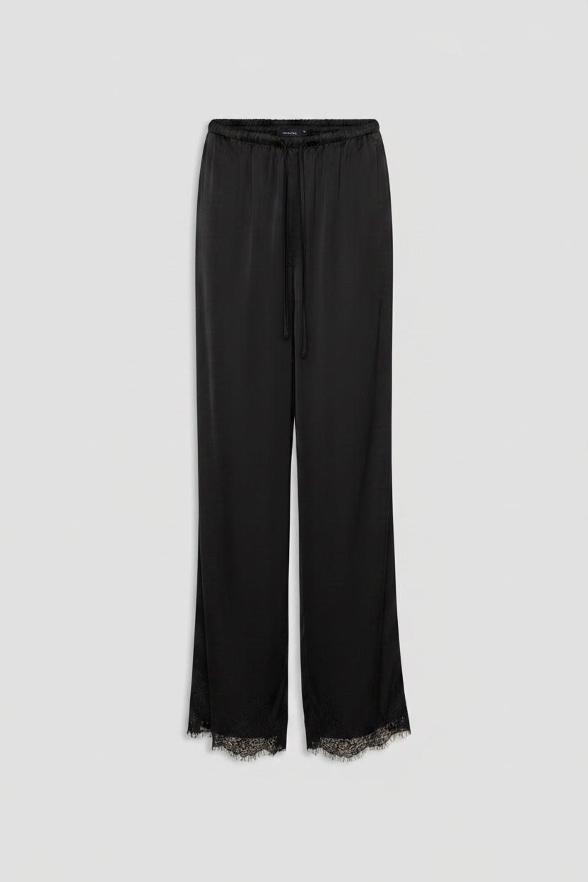 Black relaxed satin pants with delicate lace trim at the hem and an adjustable drawstring waist for effortless style