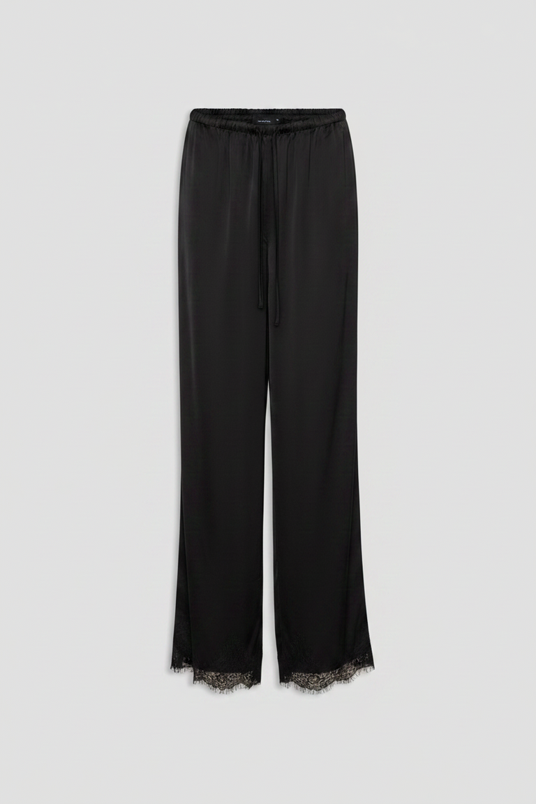 Black relaxed satin pants with delicate lace trim at the hem and an adjustable drawstring waist for effortless style