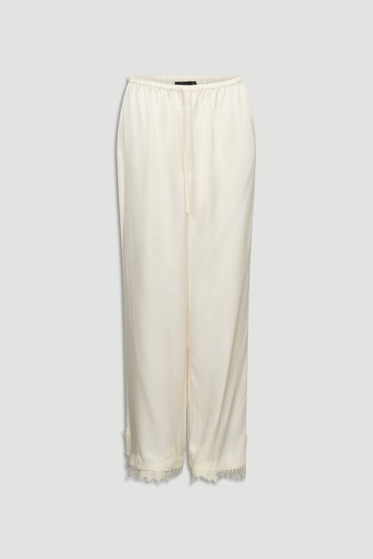 Ivory satin pants with delicate lace trim at the hem and a relaxed elastic waistband for comfort and style.