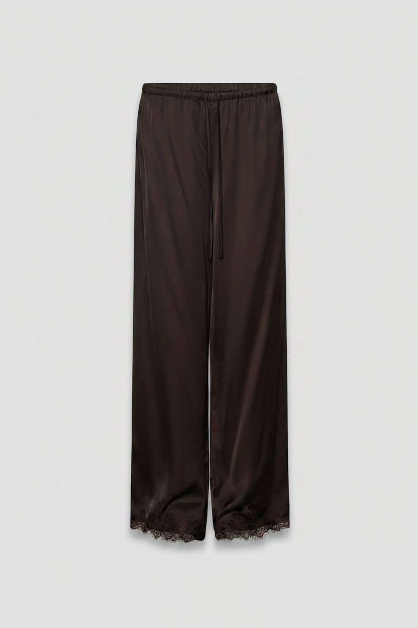 Rich mocha satin pants with delicate lace trim at the hem and a drawstring waist for relaxed elegance