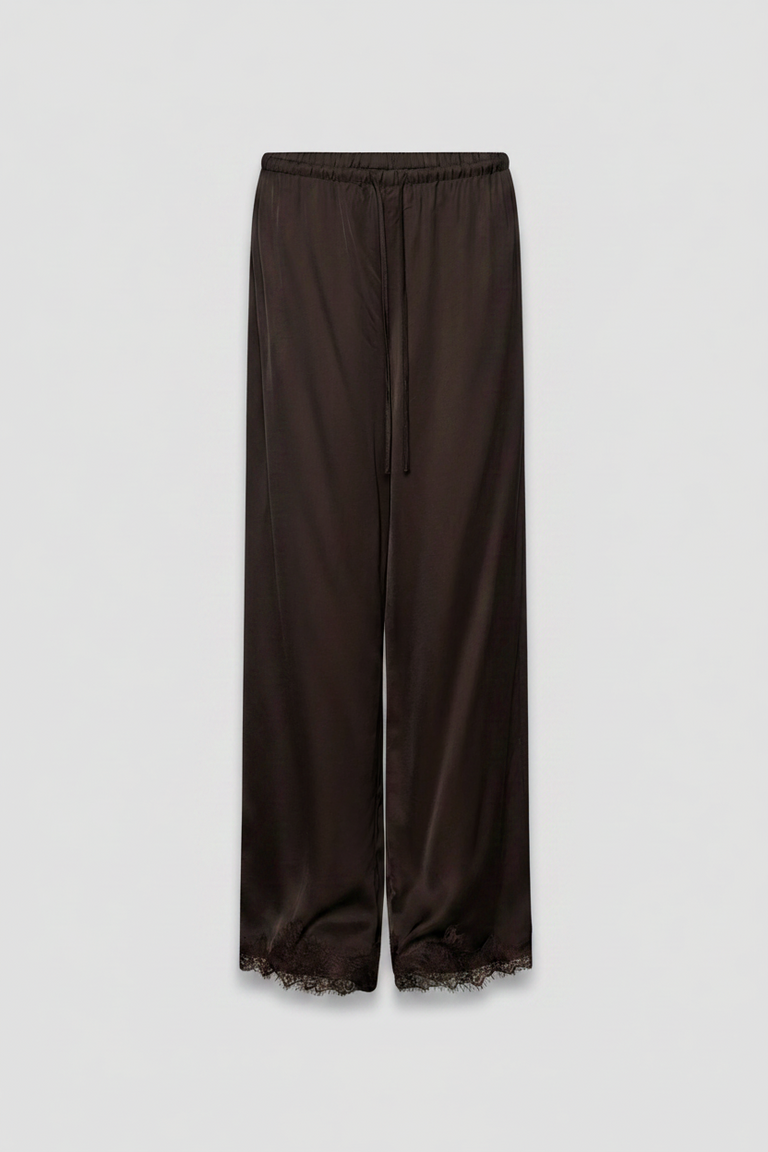 Rich mocha satin pants with delicate lace trim at the hem and a drawstring waist for relaxed elegance