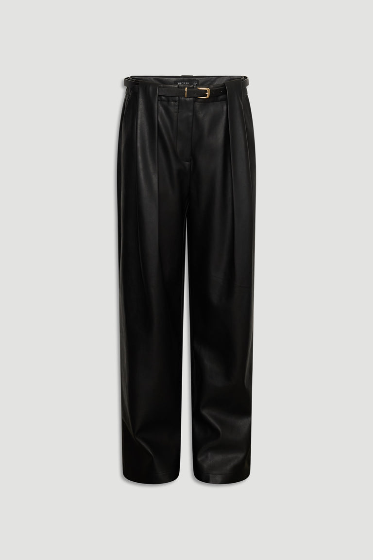 High-waisted black faux leather pants with pleated front and belt detail for a sleek, modern look.