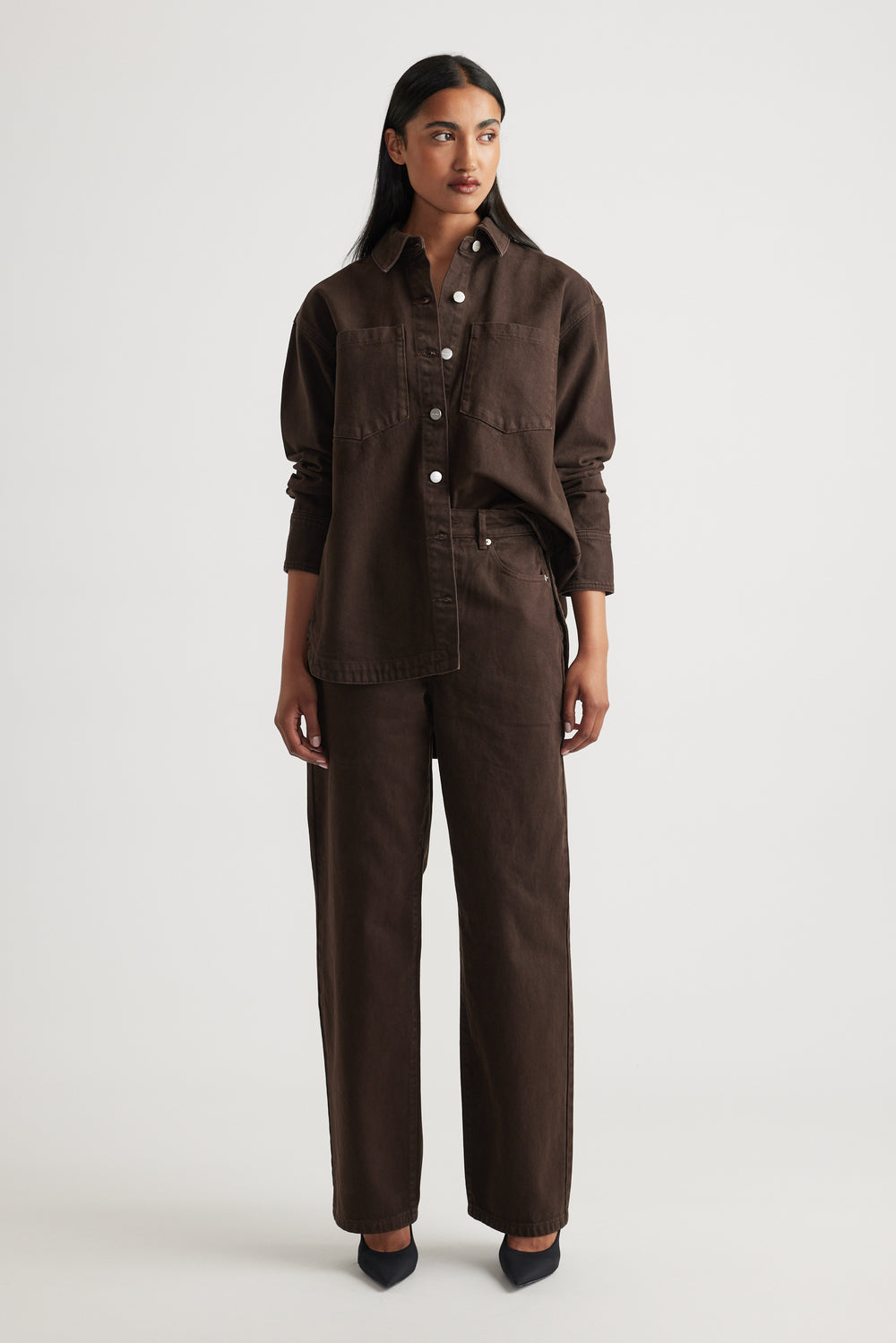 Ariana Denim Shirt in rich brown with relaxed fit and button details styled with matching pants by DECJUBA Australian brand