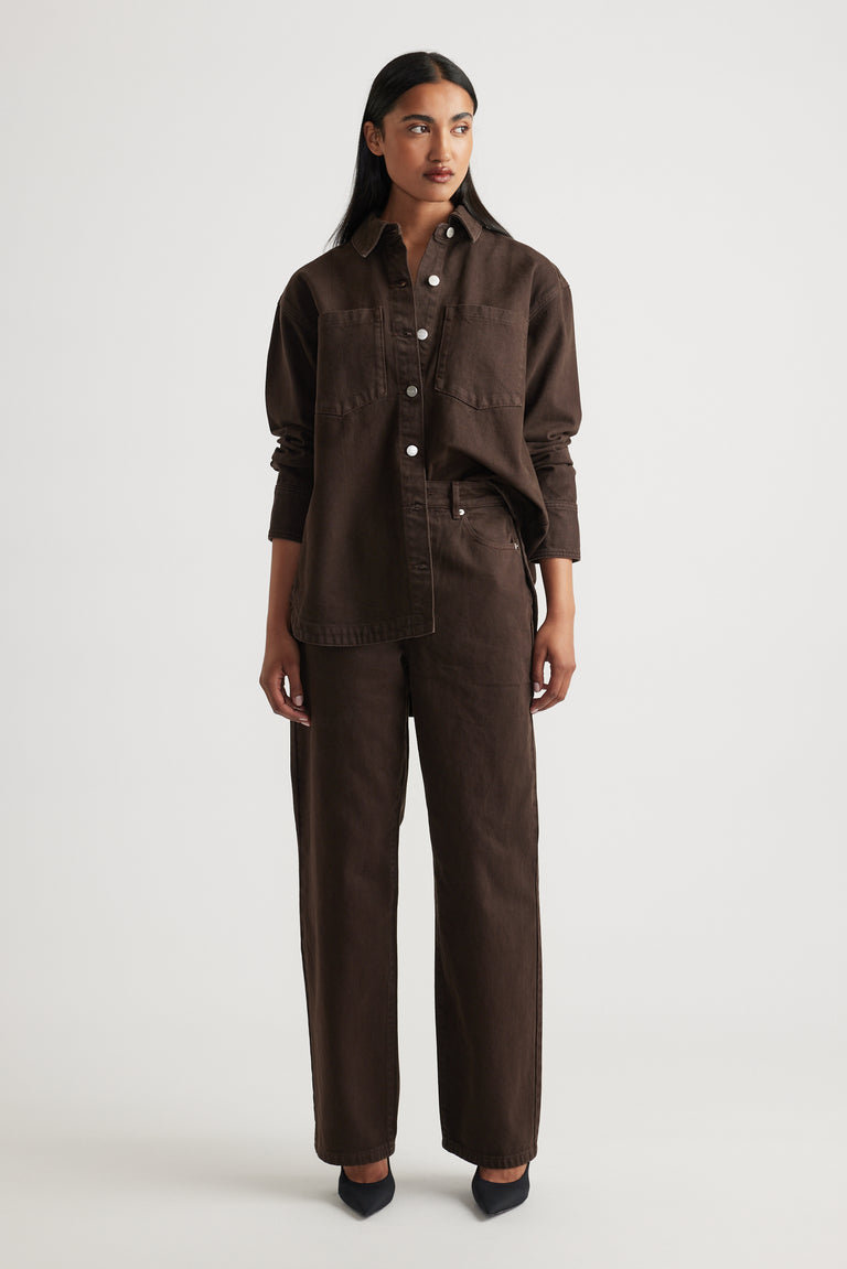 Ariana Denim Shirt in rich brown with relaxed fit and button details styled with matching pants by DECJUBA Australian brand