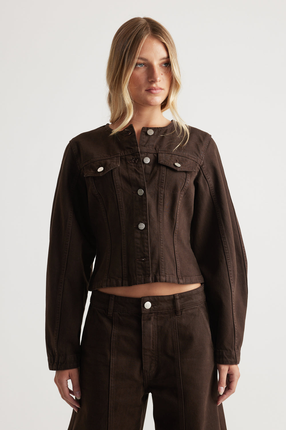 Amaya Barrel Denim Jacket in deep chocolate brown with round neckline and button front by DECJUBA Australian fashion brand