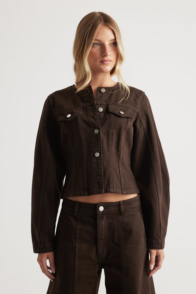 Amaya Barrel Denim Jacket in deep chocolate brown with round neckline and button front by DECJUBA Australian fashion brand