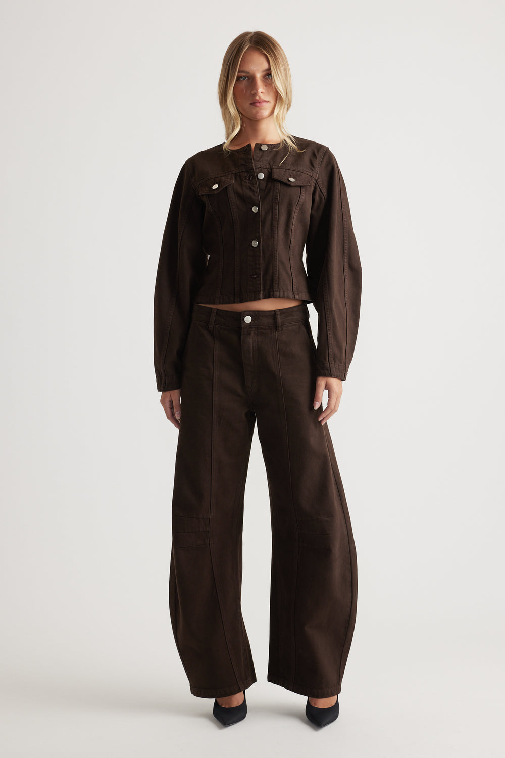 Amaya Barrel Denim Jacket in dark chocolate brown with a structured fit and button front by DECJUBA Australian fashion brand