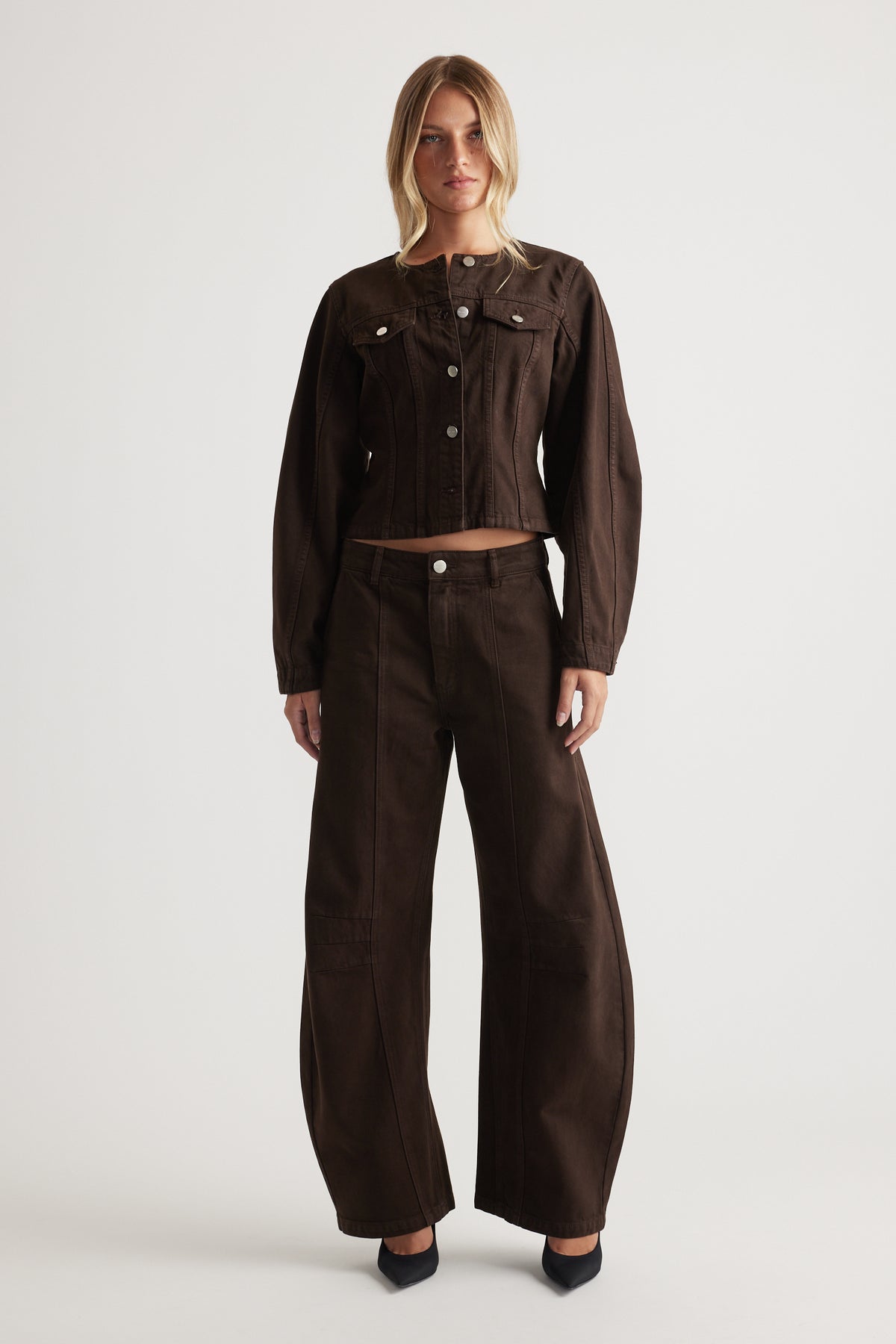 Amaya Barrel Denim Jacket in dark chocolate brown with a structured fit and button front by DECJUBA Australian fashion brand