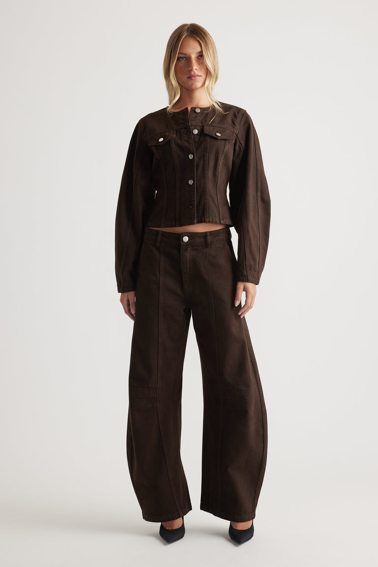 Amaya Barrel Denim Jacket in dark chocolate brown with a structured fit and button front by DECJUBA Australian fashion brand