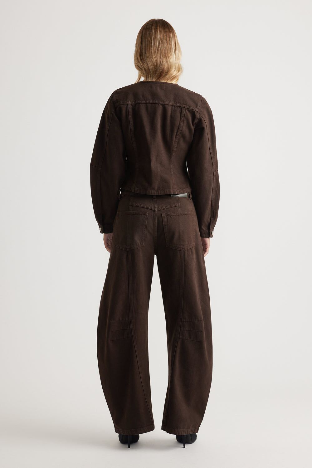 Amaya Barrel Denim Jacket in rich chocolate brown with tailored back seams and relaxed fit by DECJUBA Australian fashion brand