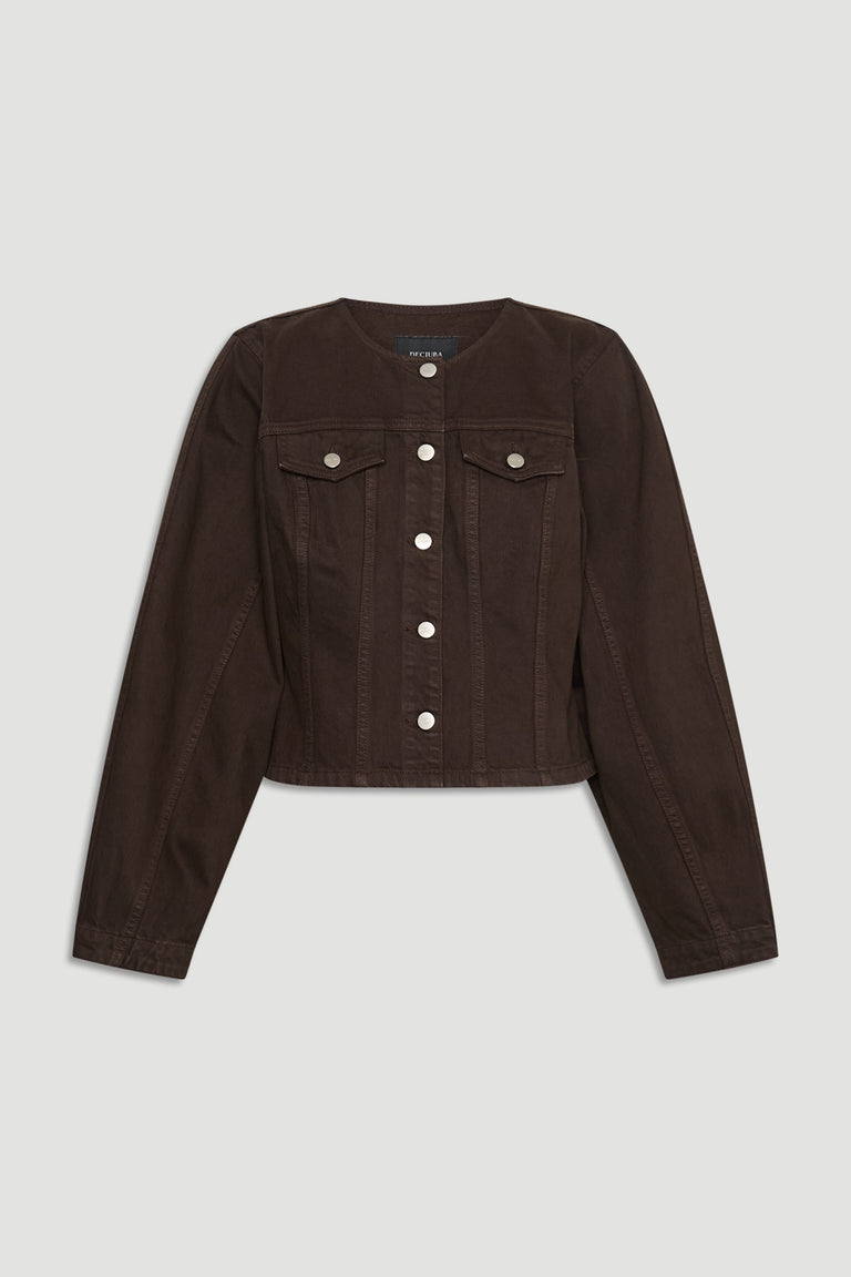 Amaya Barrel Denim Jacket in deep brown with round neckline, silver buttons, chest flap pockets by DECJUBA Australian fashion brand