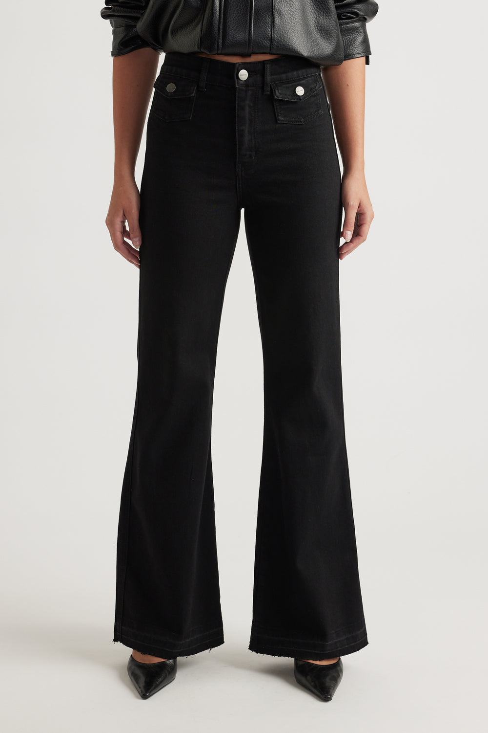 Bea Flare Jean in black denim with high waist and wide flare leg styled with pointed toe shoes by DECJUBA Australian fashion brand