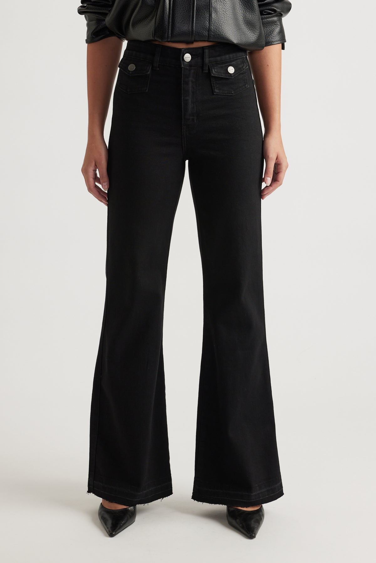 Bea Flare Jean in black denim with high waist and wide flare leg styled with pointed toe shoes by DECJUBA Australian fashion brand