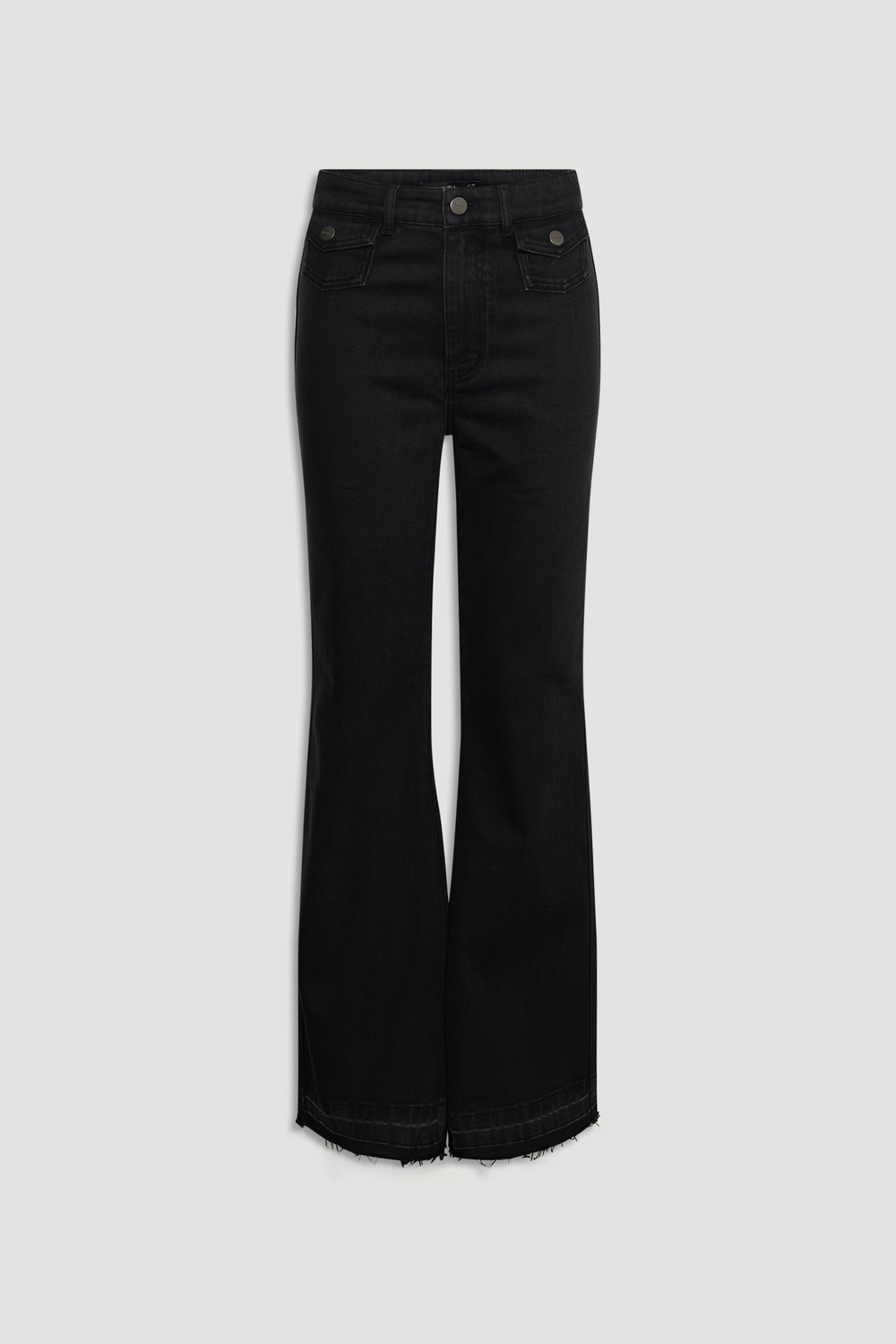 Bea Flare Jean in black denim with high-rise waist and flared hem featuring raw edge by DECJUBA Australian fashion brand