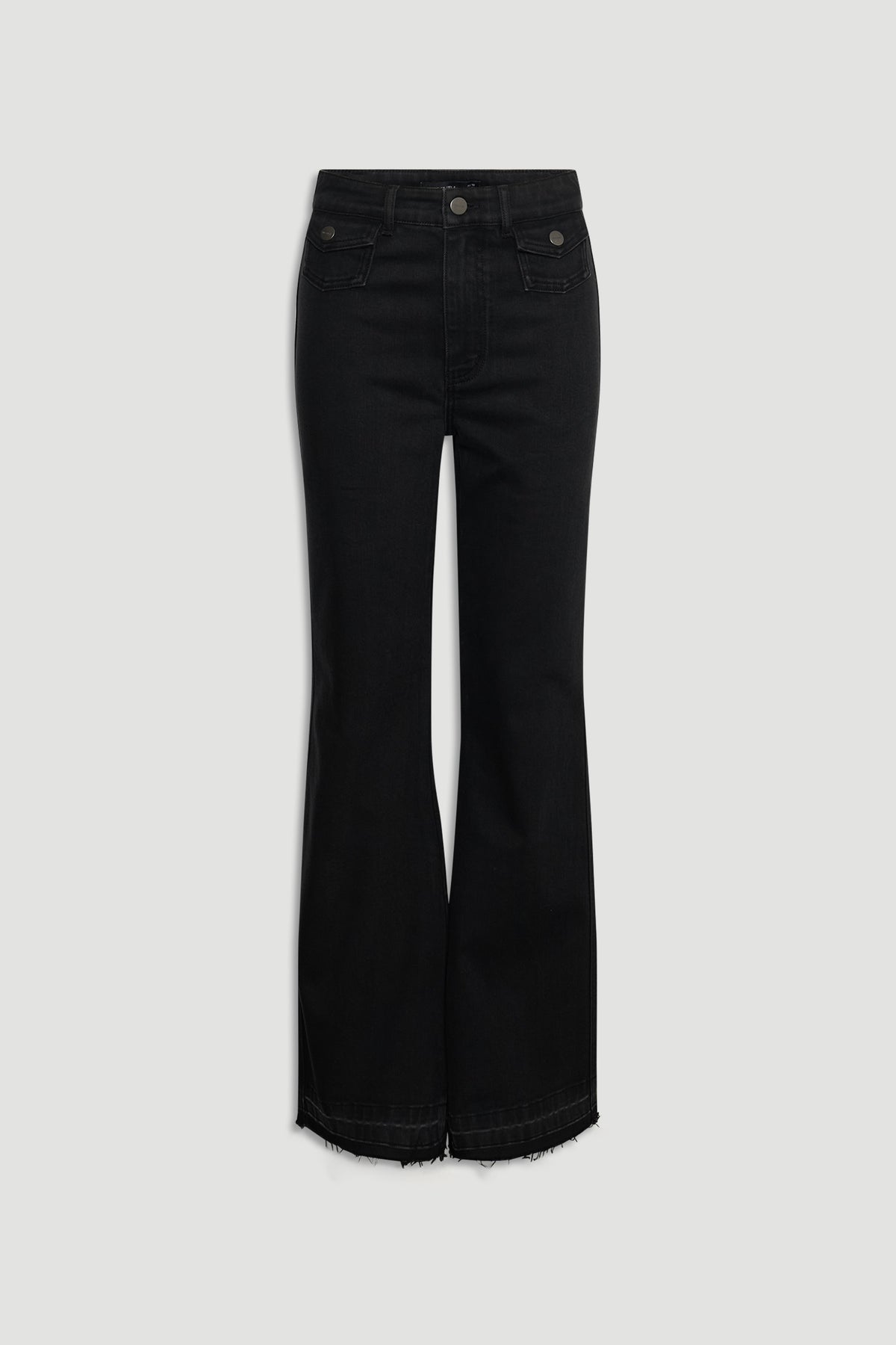 Bea Flare Jean in black denim with high-rise waist and flared hem featuring raw edge by DECJUBA Australian fashion brand