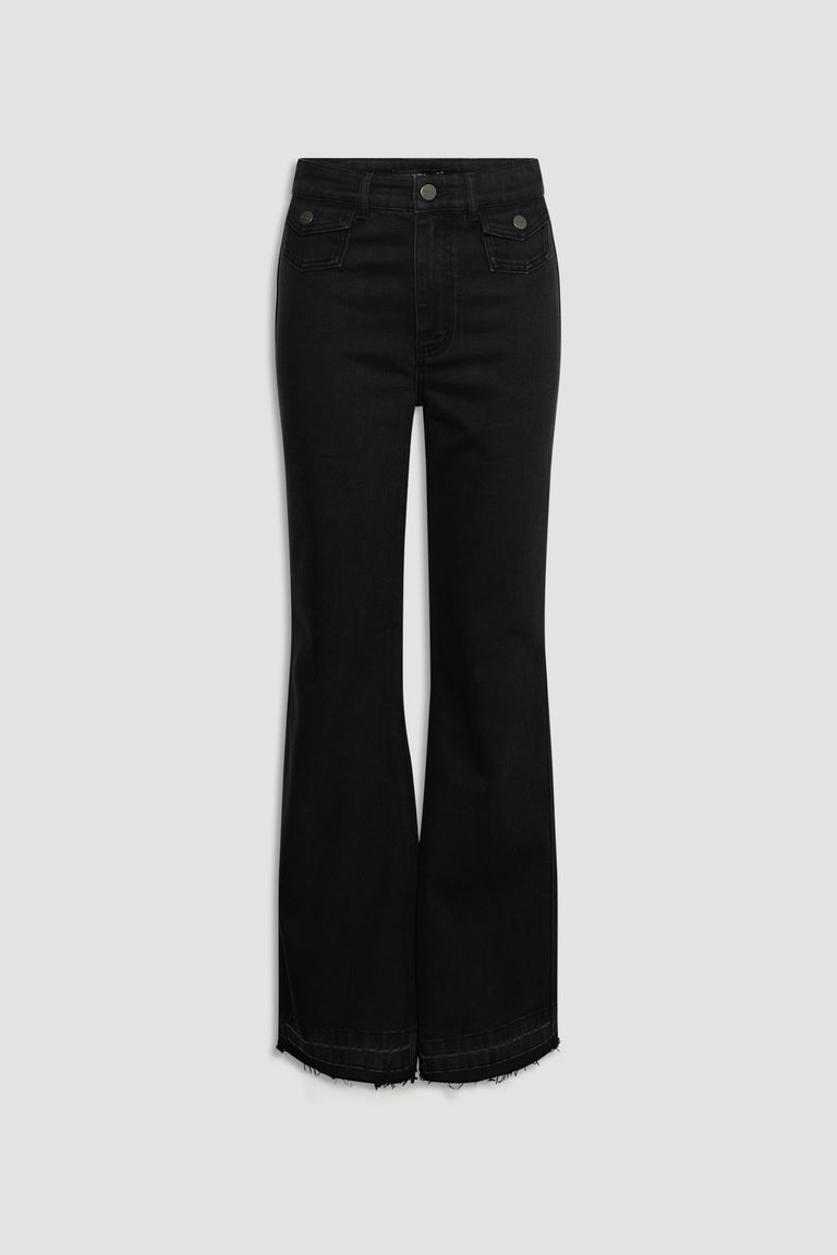 Bea Flare Jean in black denim with high-rise waist and flared hem featuring raw edge by DECJUBA Australian fashion brand