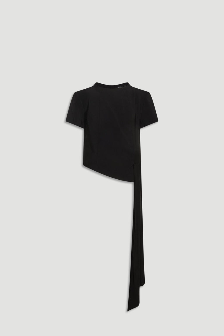 Black short sleeve top with asymmetric hem and long draped detail for a modern, elegant look.