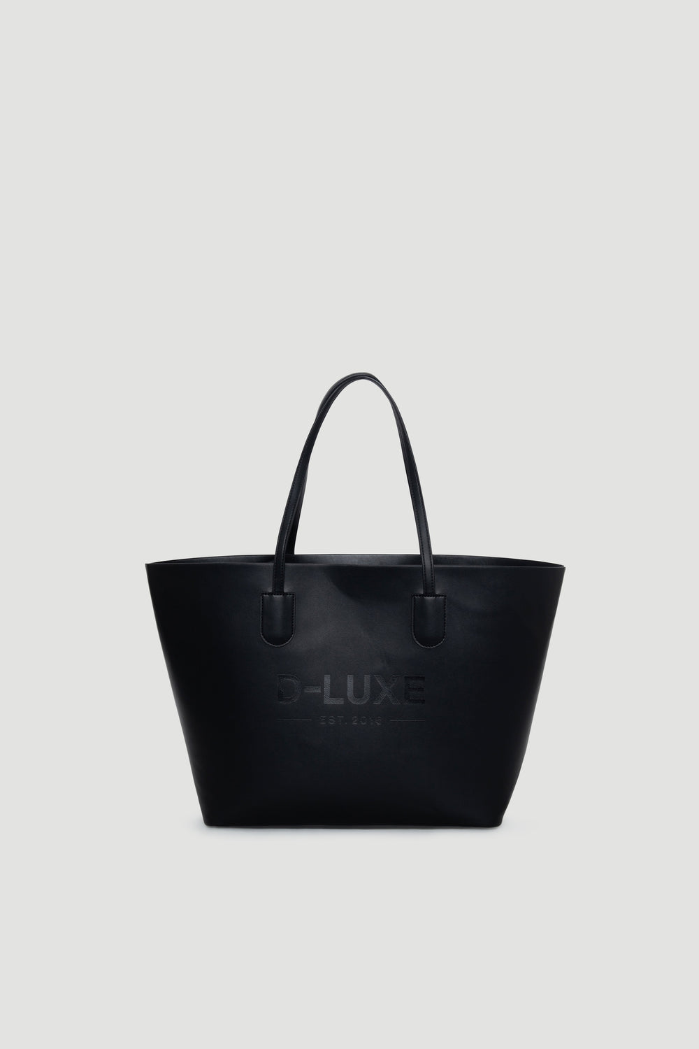 Black structured tote bag with dual handles and subtle embossed branding on the front panel