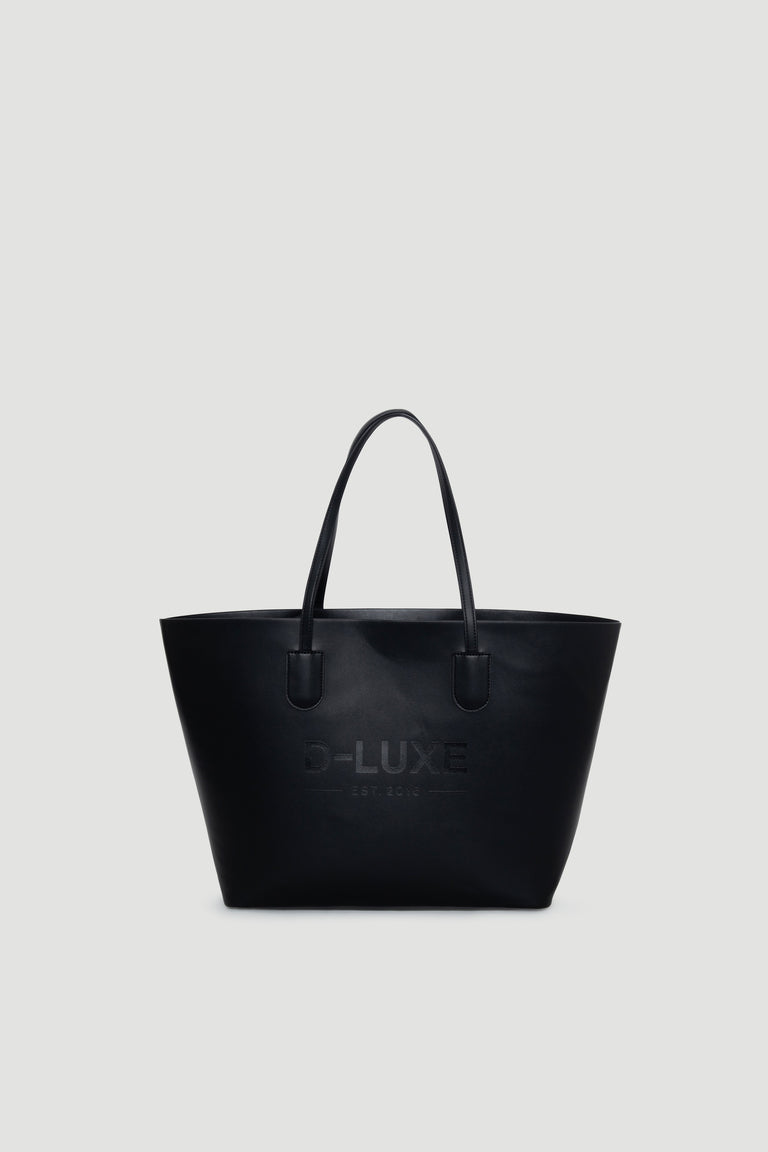 Black structured tote bag with dual handles and subtle embossed branding on the front panel