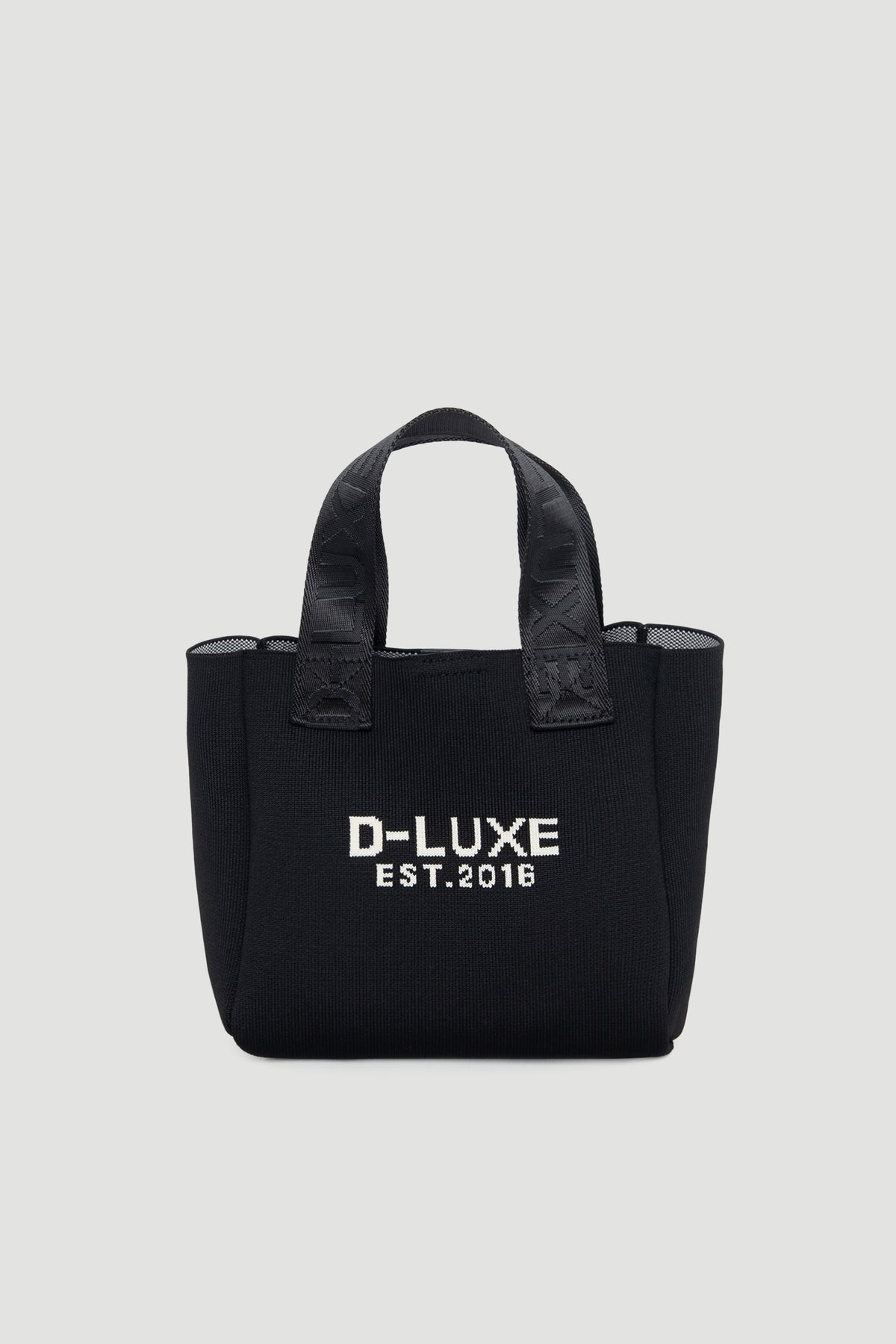 Black structured mini tote bag with bold logo text and sturdy handles for everyday stylish carrying.