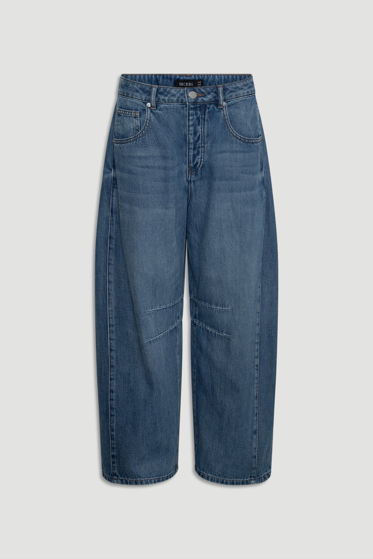 High-waisted relaxed fit denim jeans in a classic blue wash with subtle knee seam details and five-pocket styling