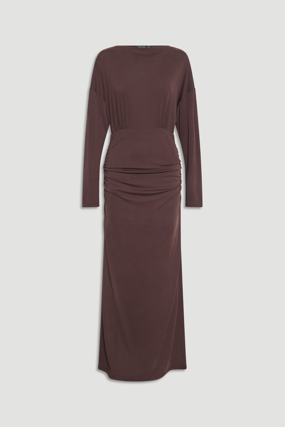 Tahlia Cinched Maxi Dress in deep brown with long sleeves, draped waist detail, and sleek, elegant silhouette.