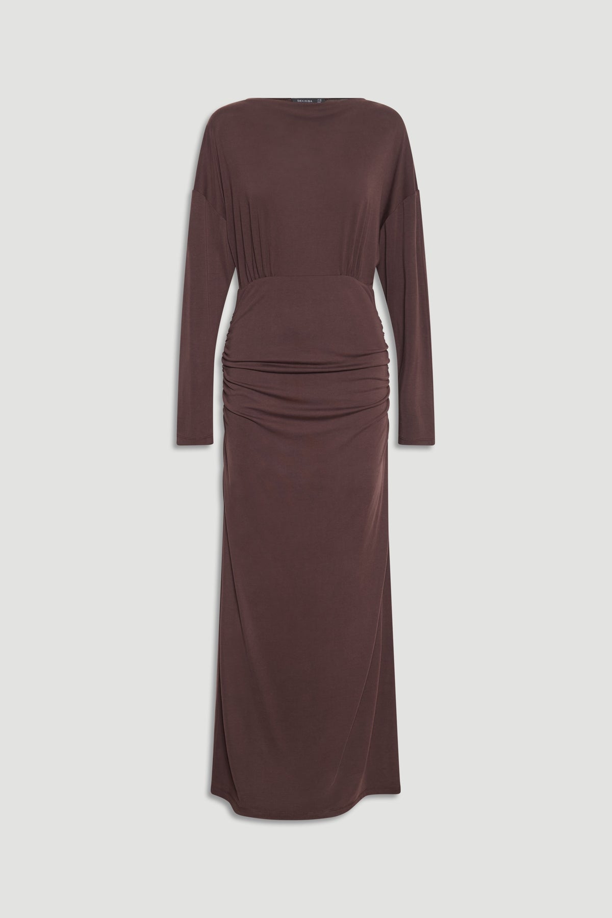 Tahlia Cinched Maxi Dress in deep brown with long sleeves, draped waist detail, and sleek, elegant silhouette.