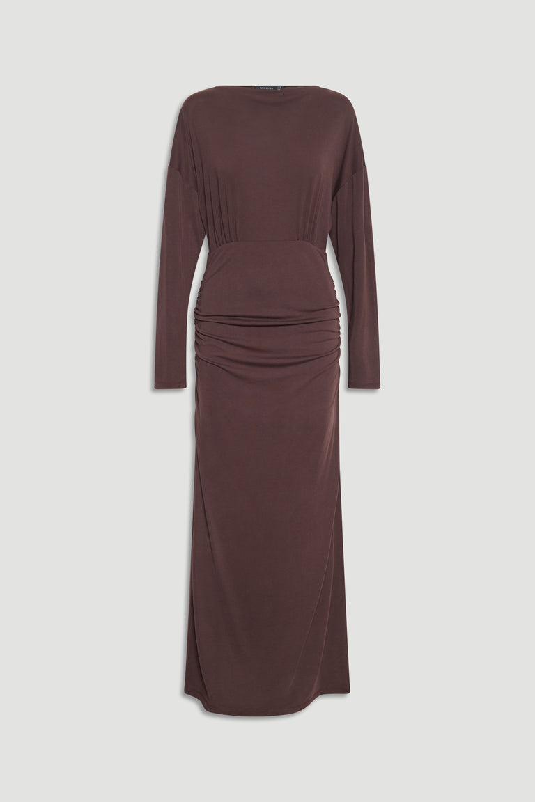 Tahlia Cinched Maxi Dress in deep brown with long sleeves, draped waist detail, and sleek, elegant silhouette.