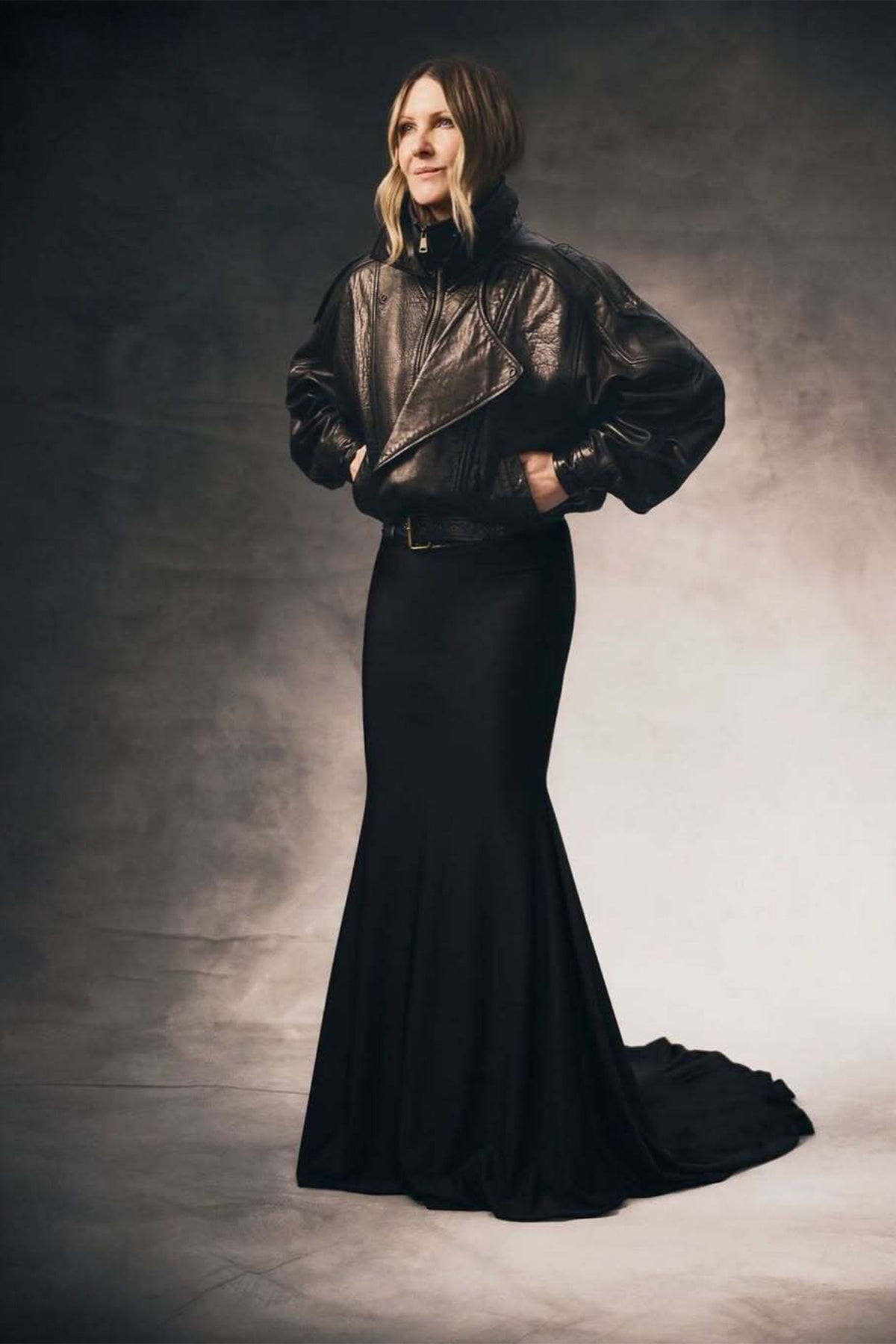 Willow Leather Jacket in supple black leather paired with a sleek black gown, designed by DECJUBA Australian fashion brand