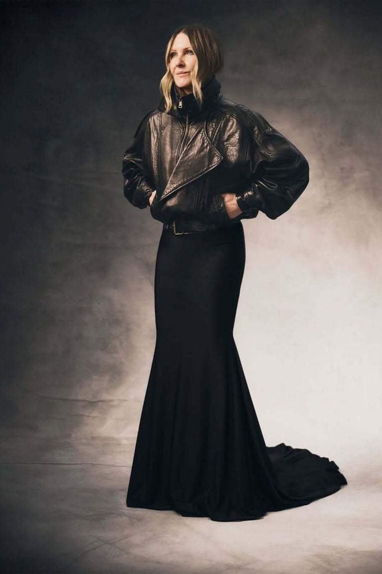 Willow Leather Jacket in supple black leather paired with a sleek black gown, designed by DECJUBA Australian fashion brand