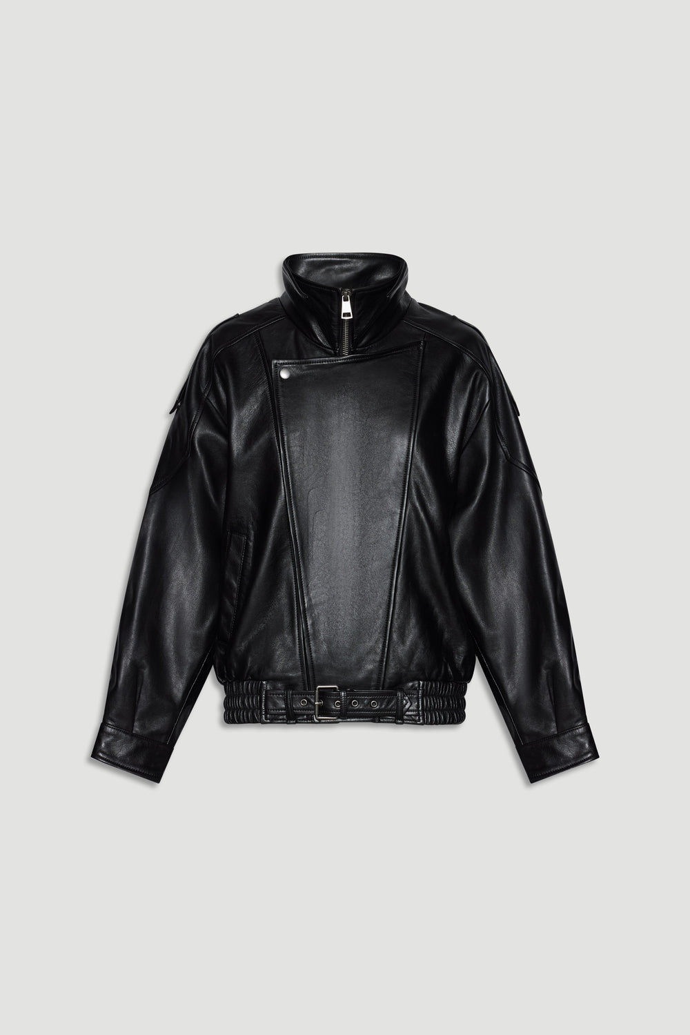 Black leather jacket with asymmetrical zip and belted hem for a bold, contemporary outerwear statement.