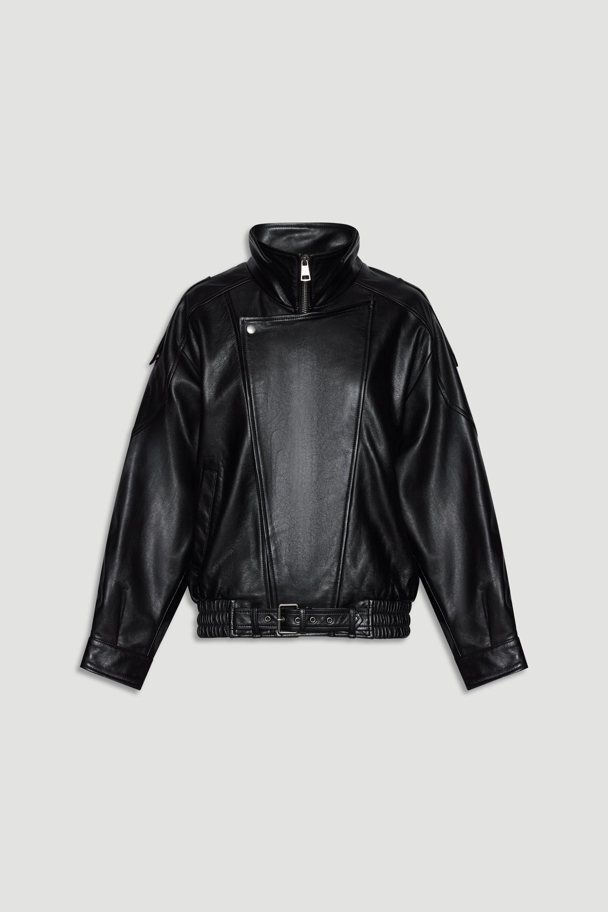 Black leather jacket with asymmetrical zip and belted hem for a bold, contemporary outerwear statement.
