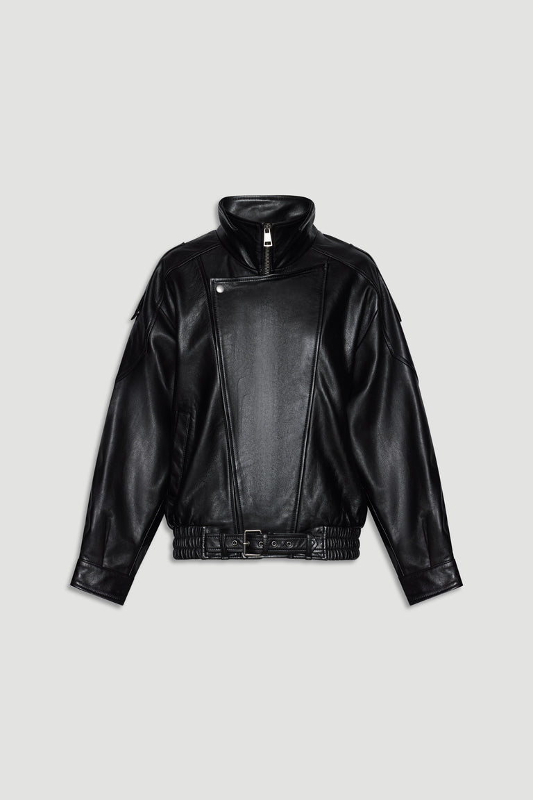 Black leather jacket with asymmetrical zip and belted hem for a bold, contemporary outerwear statement.