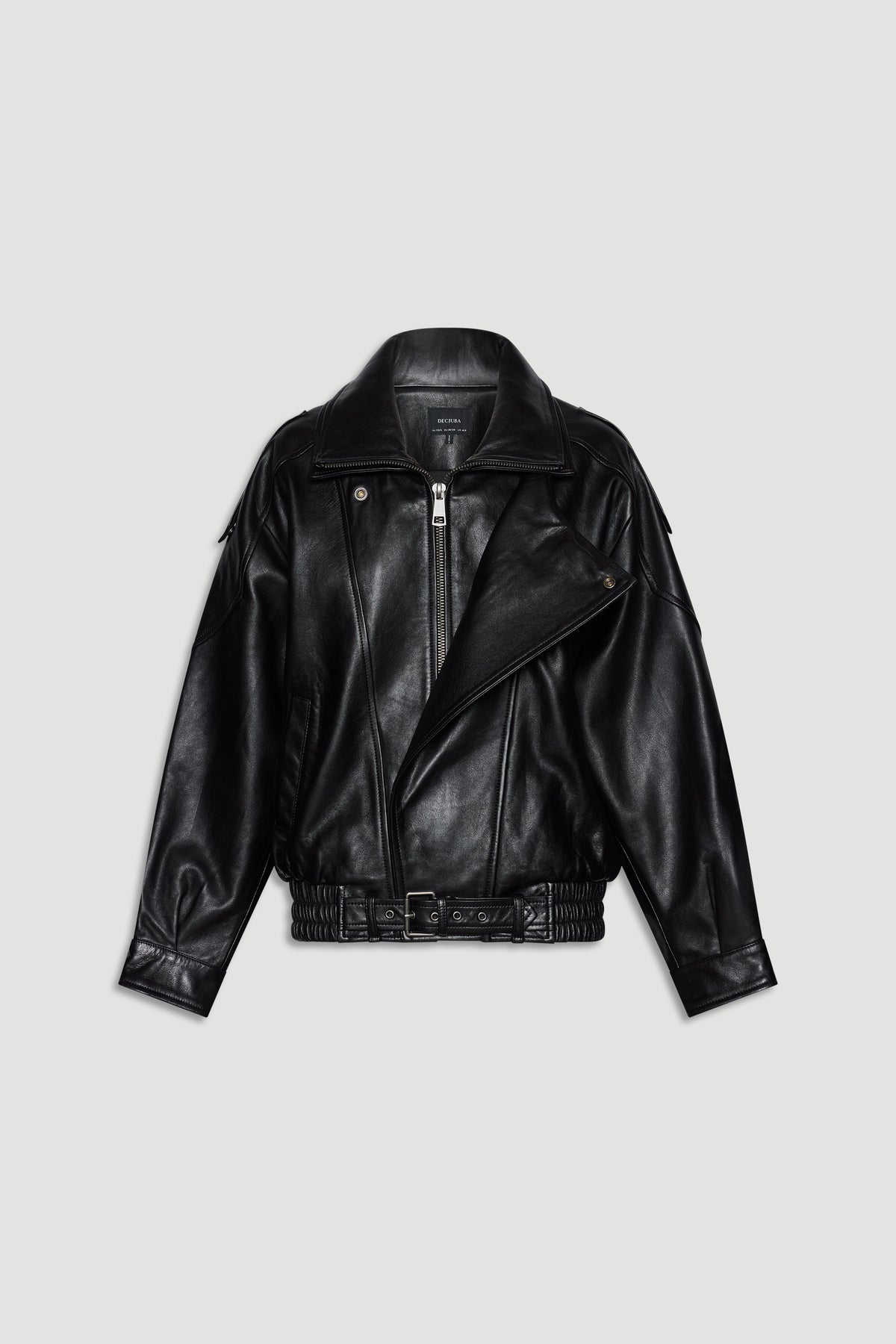 Black leather jacket with an asymmetrical zip, belted waist, and structured shoulder details for a modern edge.