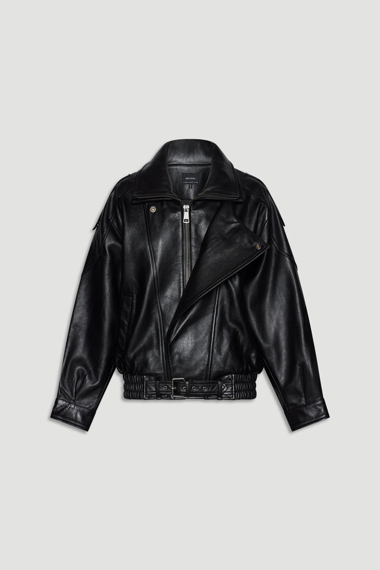 Black leather jacket with an asymmetrical zip, belted waist, and structured shoulder details for a modern edge.