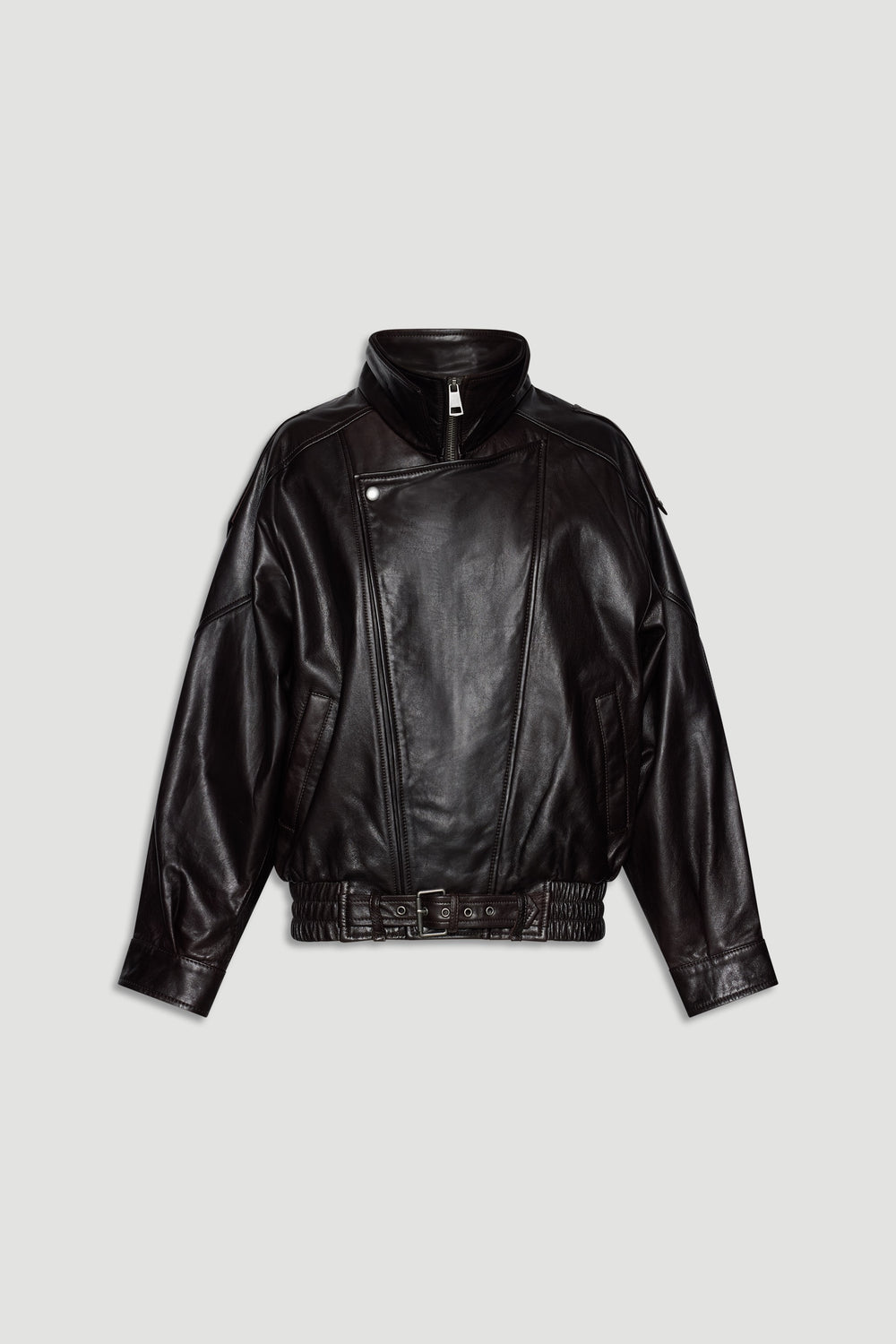 Dark brown leather jacket with a high collar, zip and snap closure, and belted elasticated hem for a modern fit.