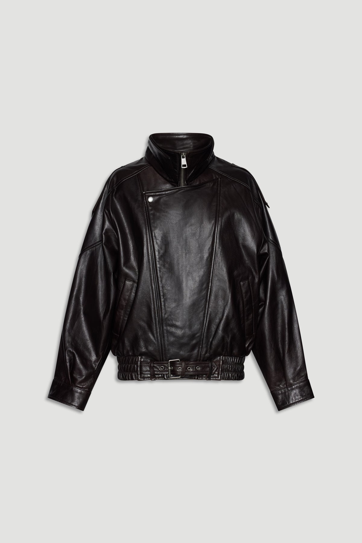 Dark brown leather jacket with a high collar, zip and snap closure, and belted elasticated hem for a modern fit.