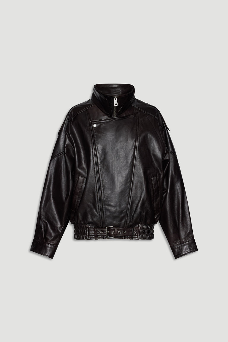 Dark brown leather jacket with a high collar, zip and snap closure, and belted elasticated hem for a modern fit.