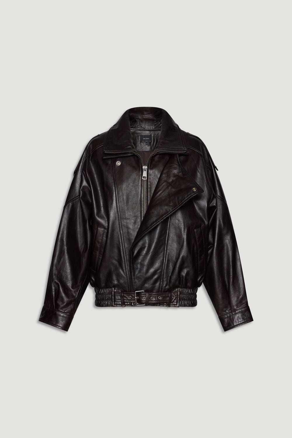 Dark brown leather jacket with asymmetrical zip, belted hem, and relaxed fit for an effortless, stylish look.